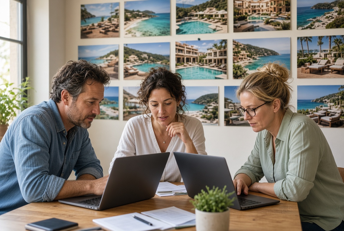Three people at a desk reviewing hotel rates on screens