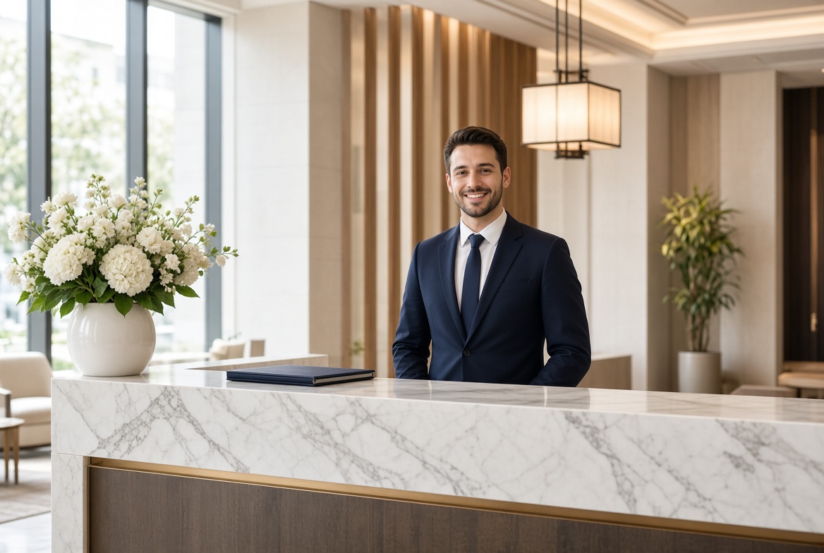 Bright hotel reception desk with a concierge ready to help