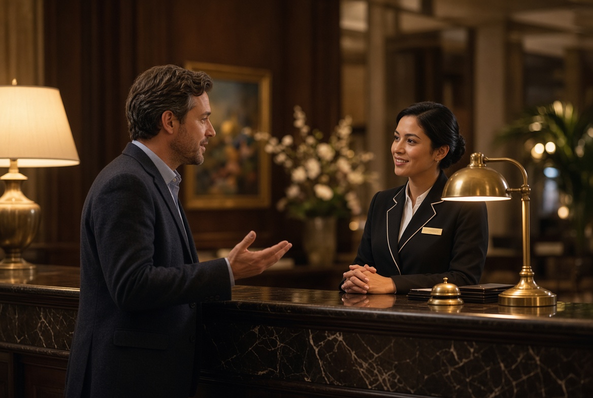Concierge desk in a hotel lobby with a guest asking a question
