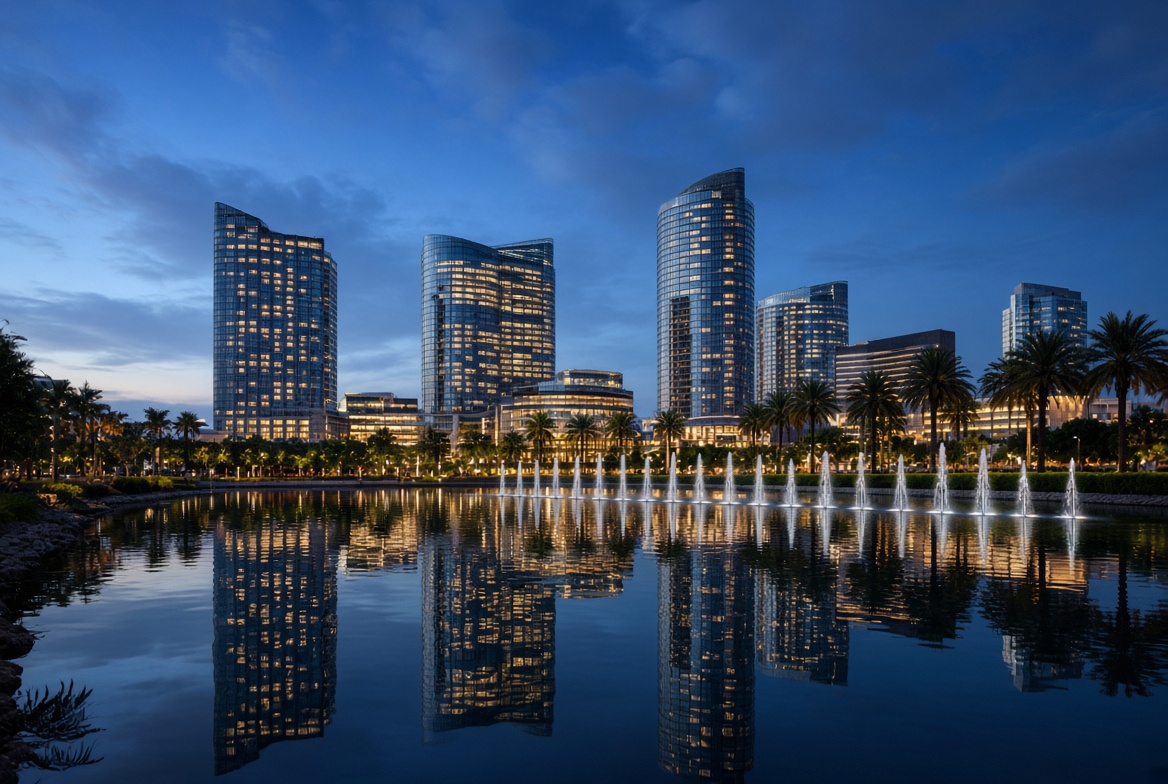 Casino resort towers lit up at dusk above a lake and fountains