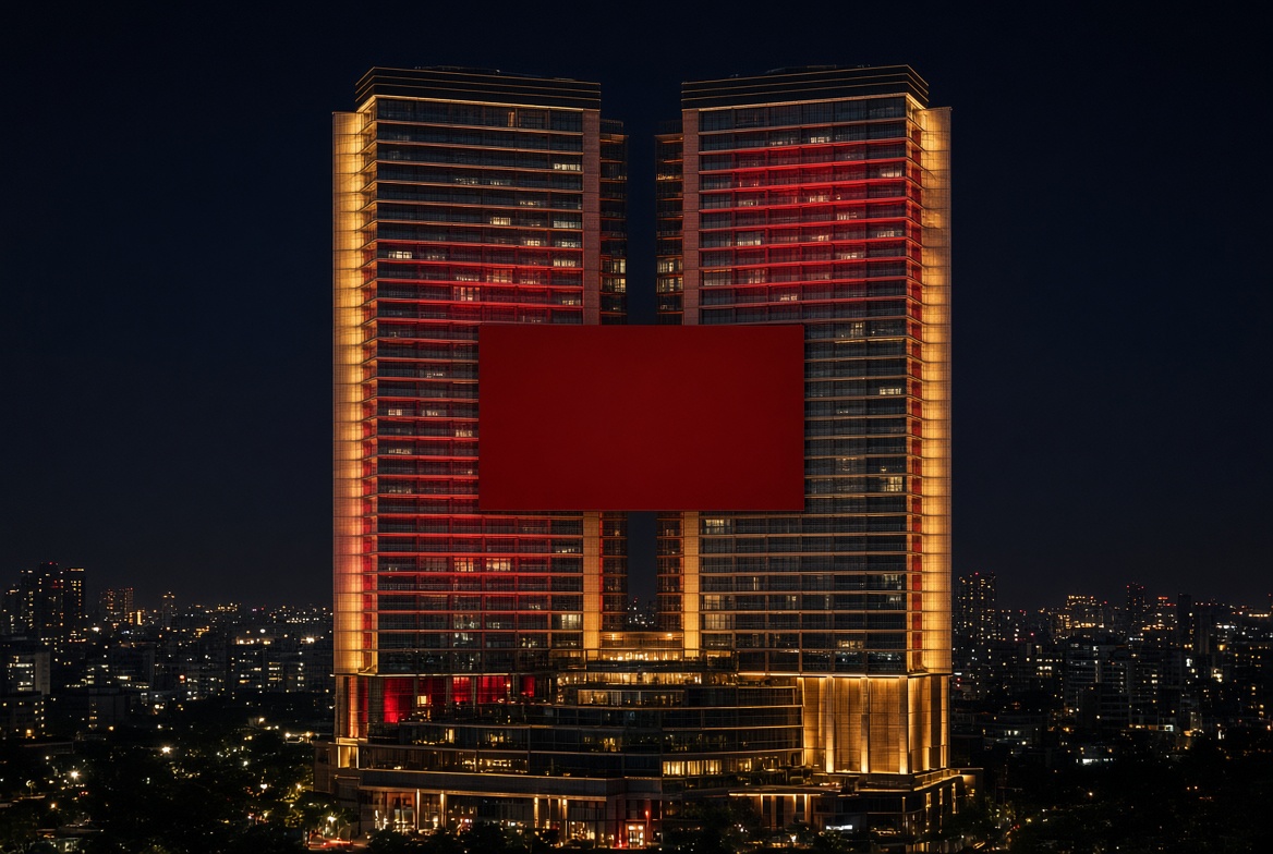 Red-lit towers of Resorts World Las Vegas