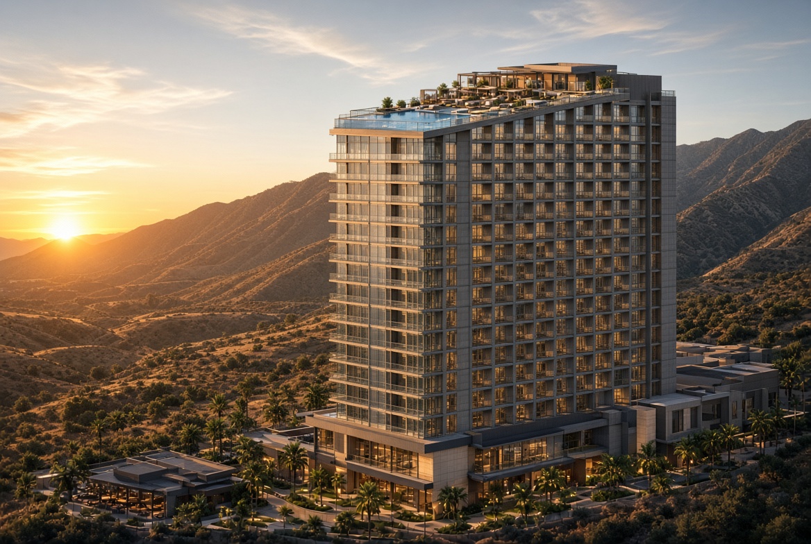 Yaamava' Resort and Casino tower against the San Bernardino mountains