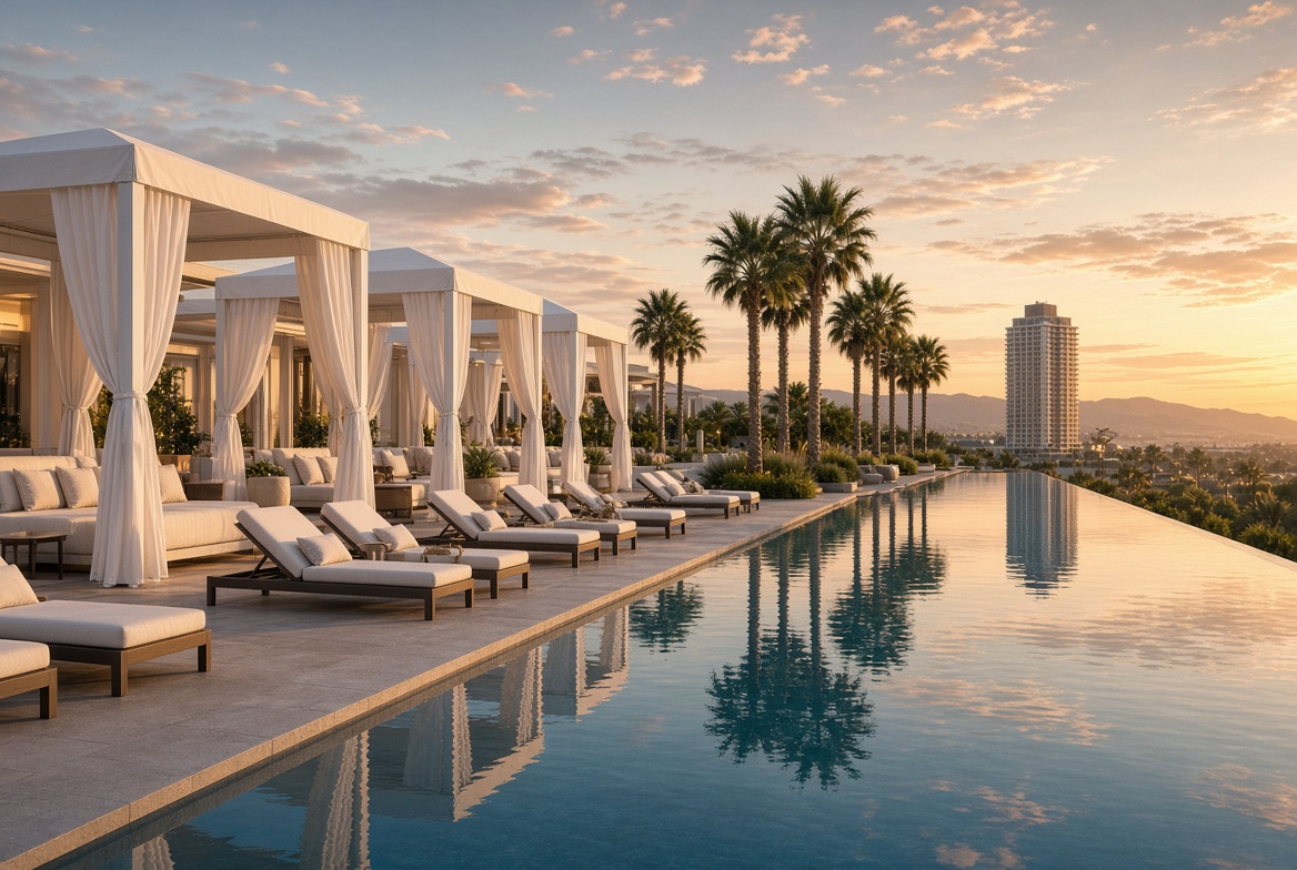 Resort pool and palm trees at a casino hotel at golden hour