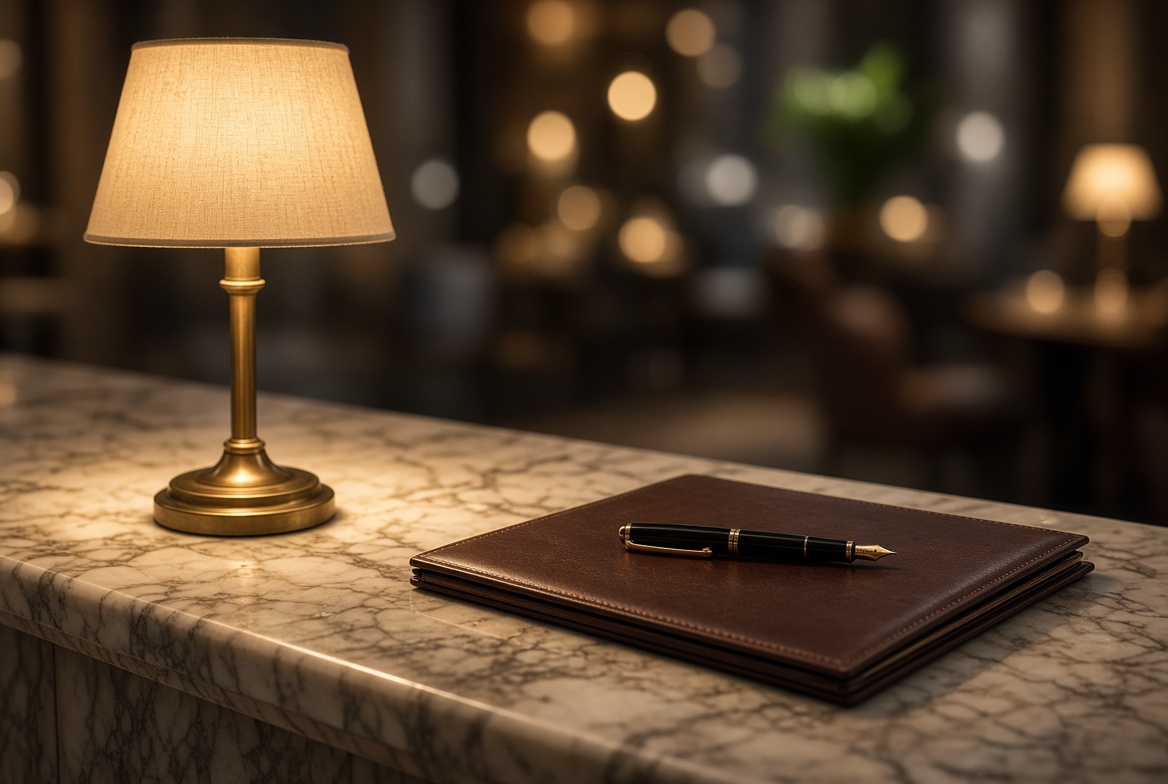 Detail of a hotel lobby with a marble desk and a brass lamp